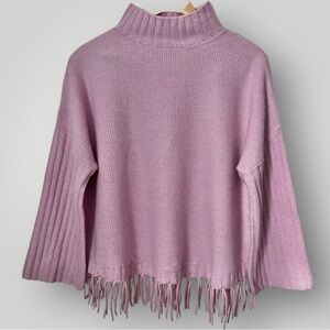 100% Cashmere Forte Mock Neck Sweater Large Pink Fringe Boxy Ribbed